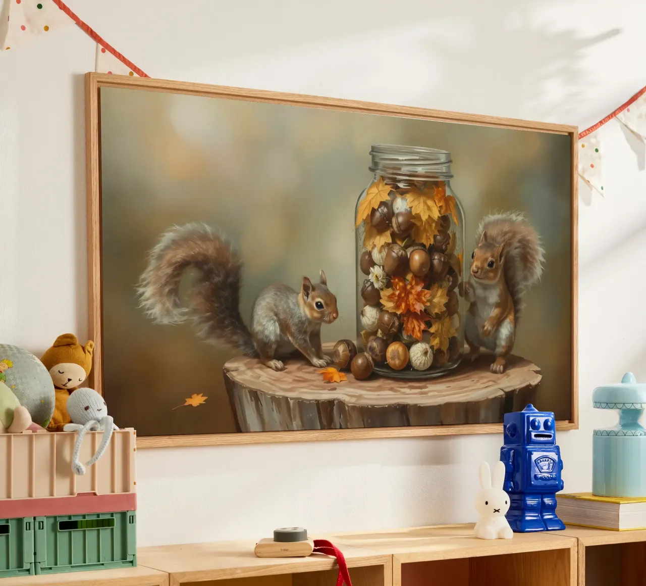 Scoiattoli che raccolgono ghiande e foglie colorate in un barattolo plexiglass da DesignDoodle