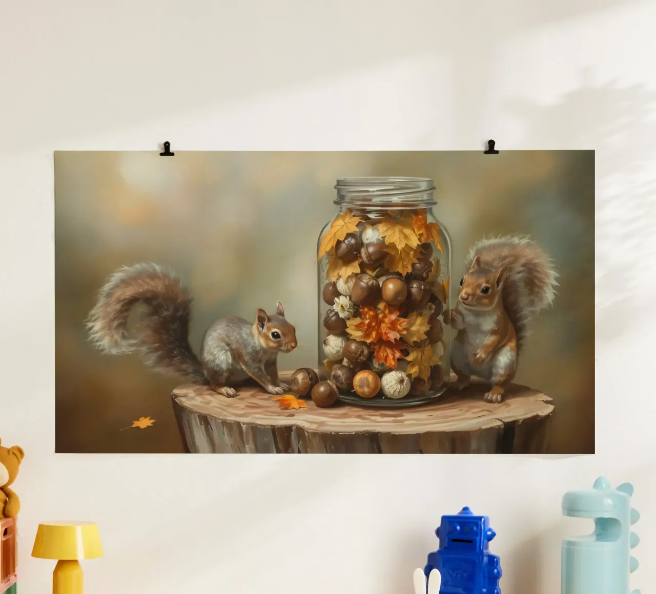 Squirrels collecting acorns and colorful leaves in a jar hahnemühle by DesignDoodle