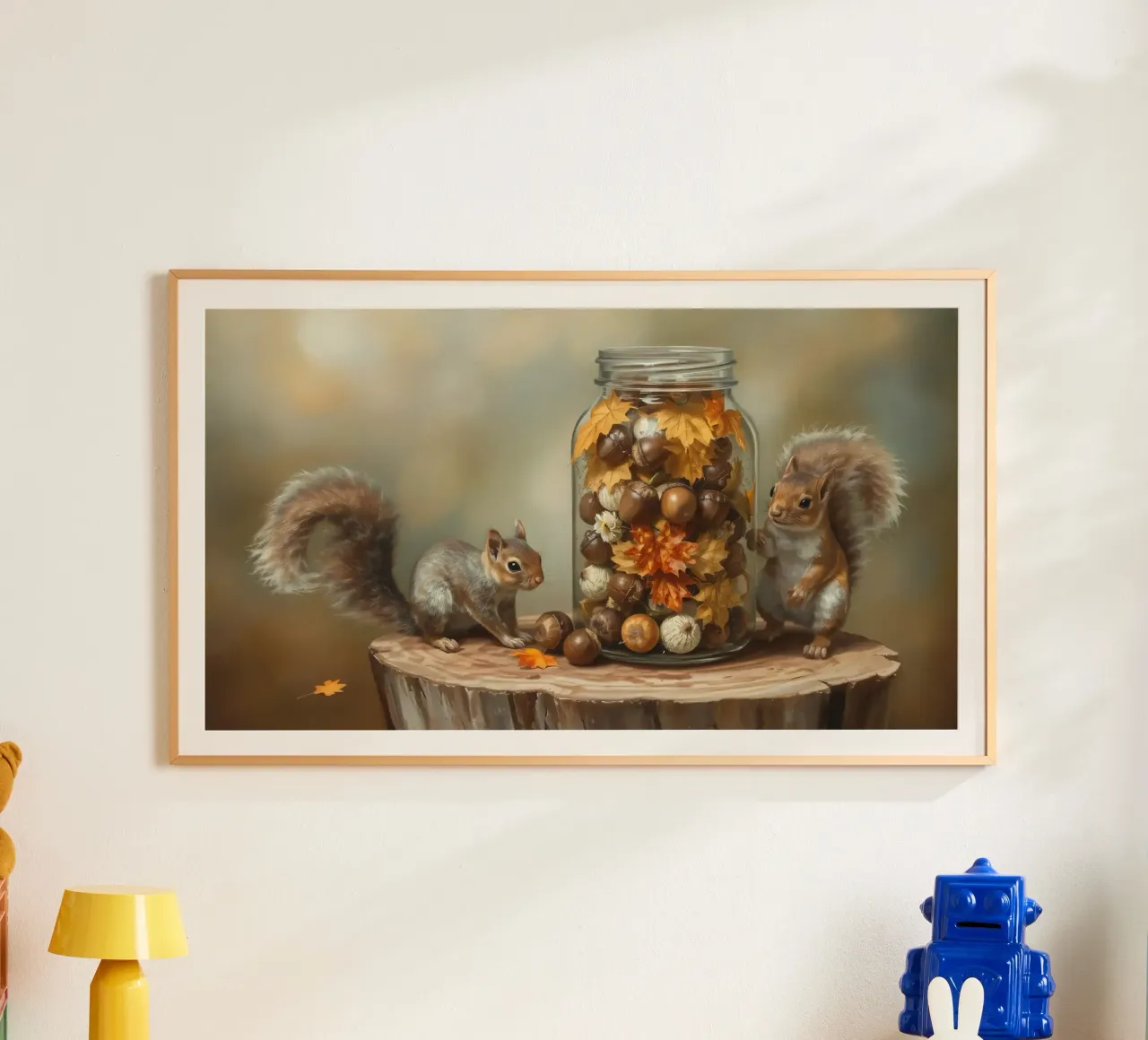 Squirrels collecting acorns and colorful leaves in a jar hahnemühle by DesignDoodle