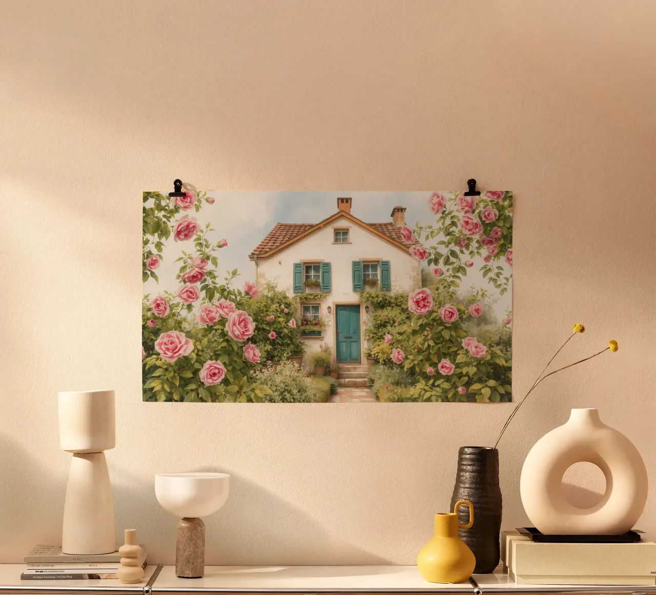 Incantevole cottage circondato da rose in fiore e verde lussureggiante poster con telaio in plastica da DesignDoodle