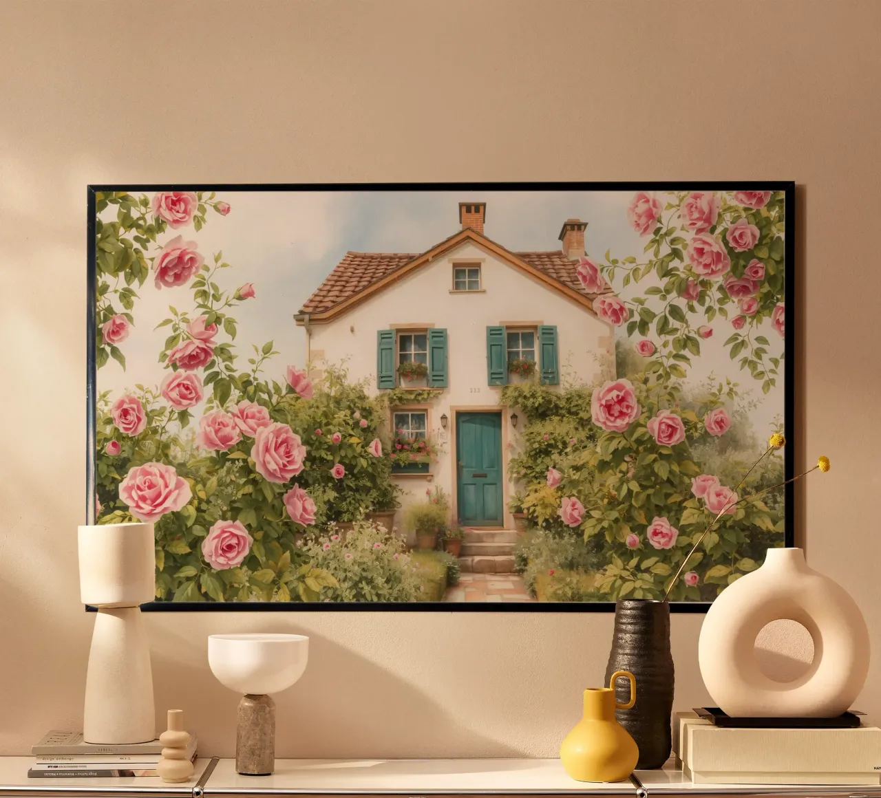 Incantevole cottage circondato da rose in fiore e verde lussureggiante poster con telaio in plastica da DesignDoodle