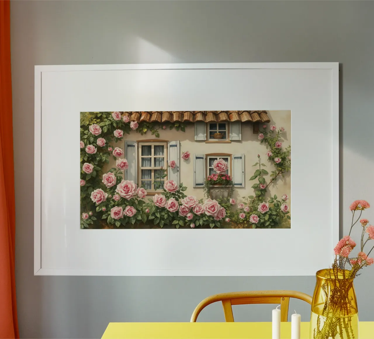 Incantevole cottage adornato da rose rosa in fiore e da un arredamento di classe. poster con telaio in plastica da DesignDoodle