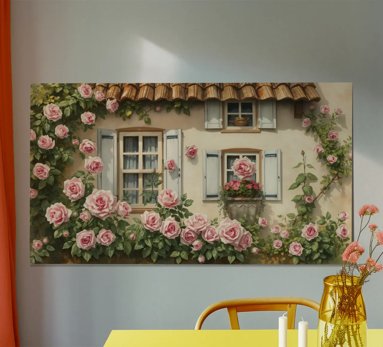 Incantevole cottage adornato da rose rosa in fiore e da un arredamento di classe. poster con telaio in plastica da DesignDoodle