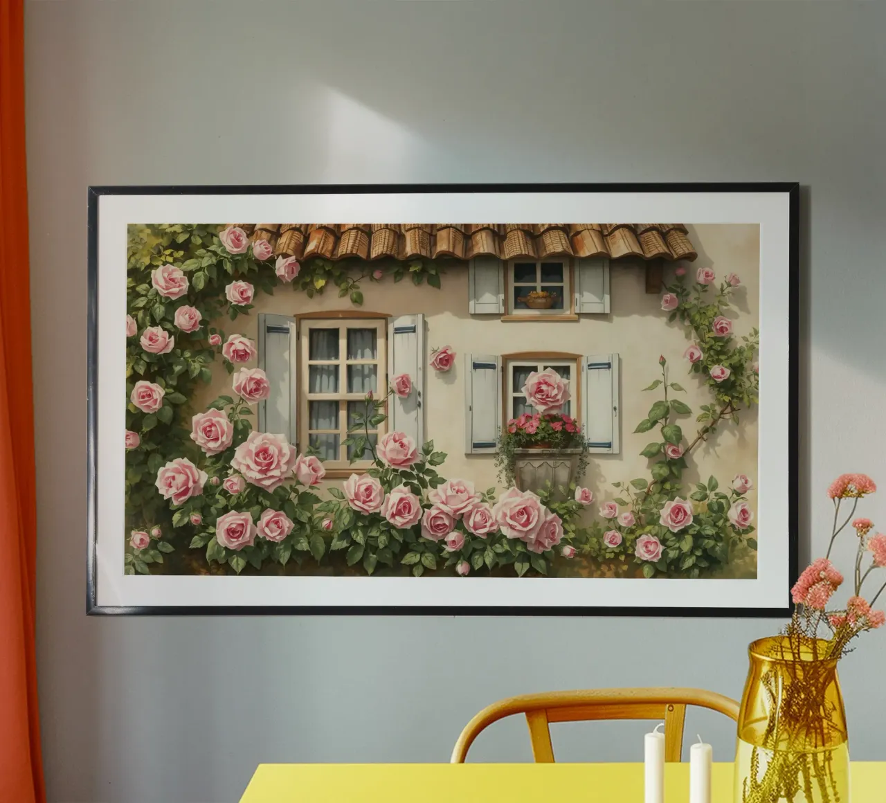 Incantevole cottage adornato da rose rosa in fiore e da un arredamento di classe. poster con telaio in plastica da DesignDoodle