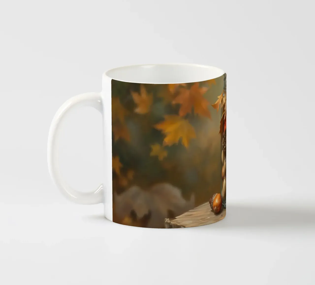 Uno scoiattolo curioso raccoglie ghiande e foglie autunnali colorate tazza in ceramica da DesignDoodle