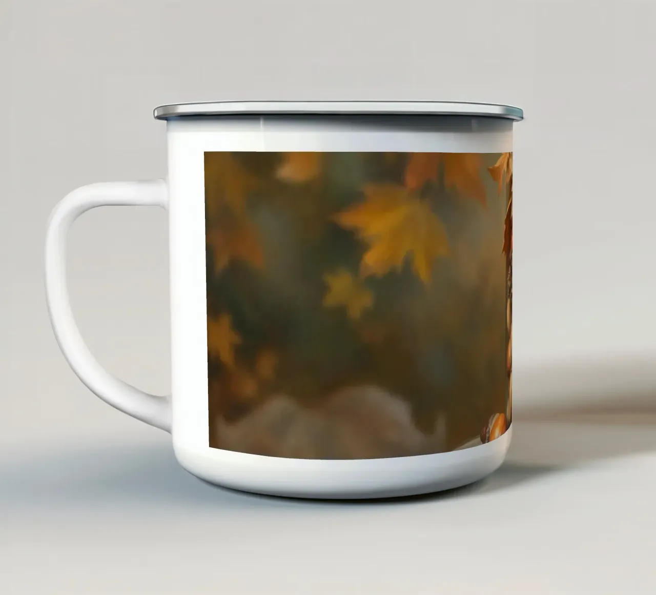 Uno scoiattolo curioso raccoglie ghiande e foglie autunnali colorate tazza in smalto da DesignDoodle