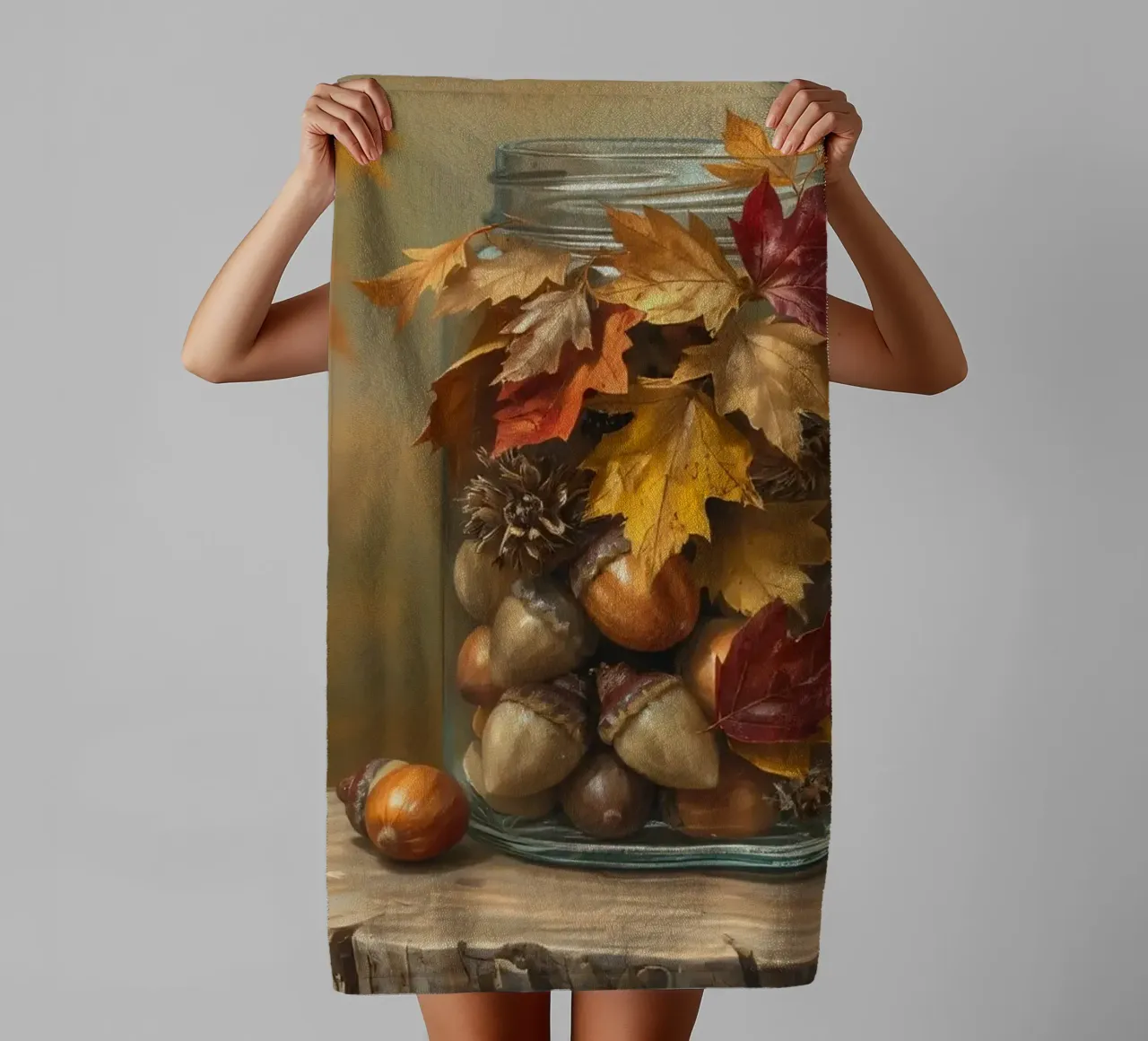 A curious squirrel gathers acorns and colorful autumn leaves towel by DesignDoodle