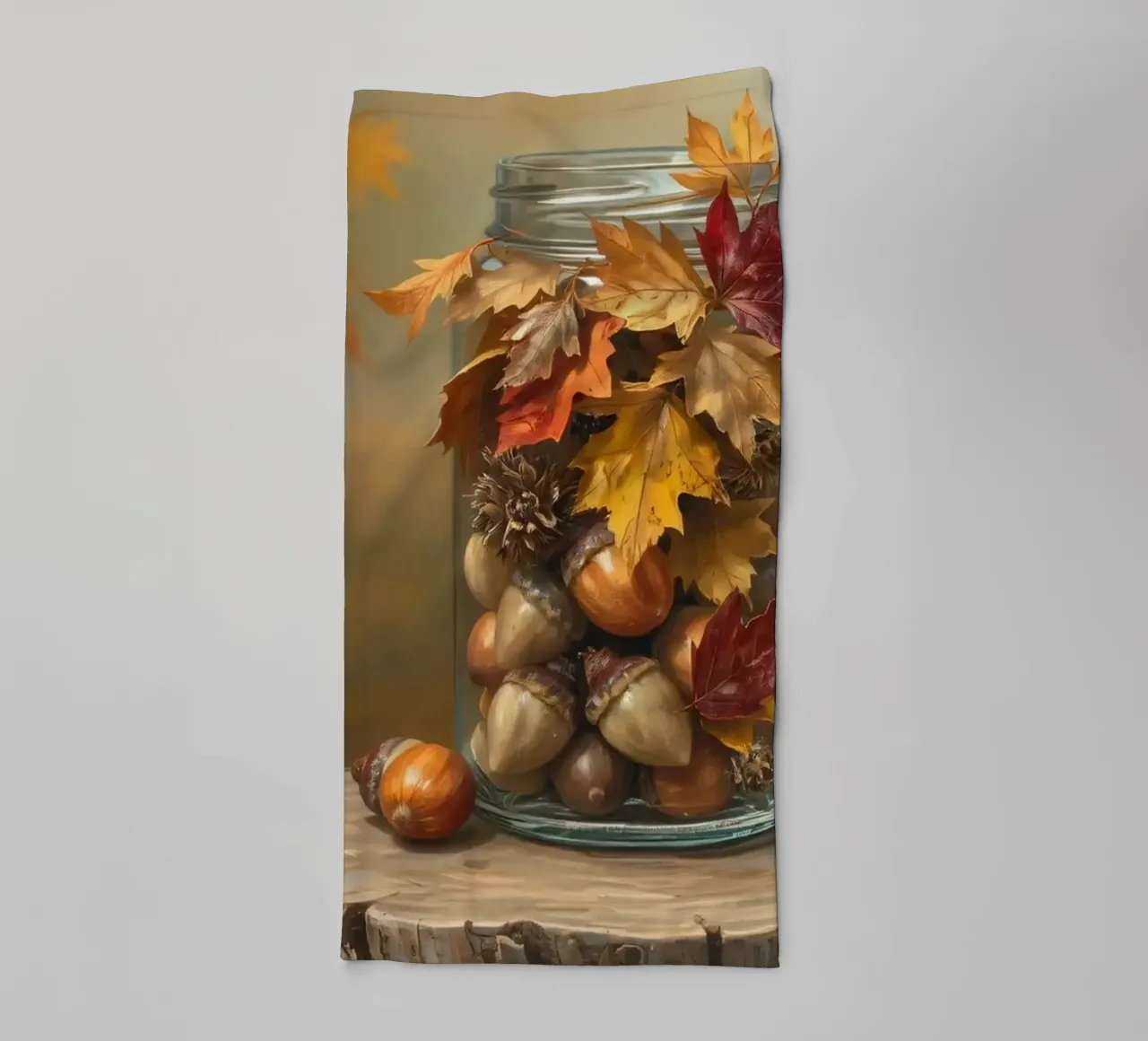 A curious squirrel gathers acorns and colorful autumn leaves towel by DesignDoodle