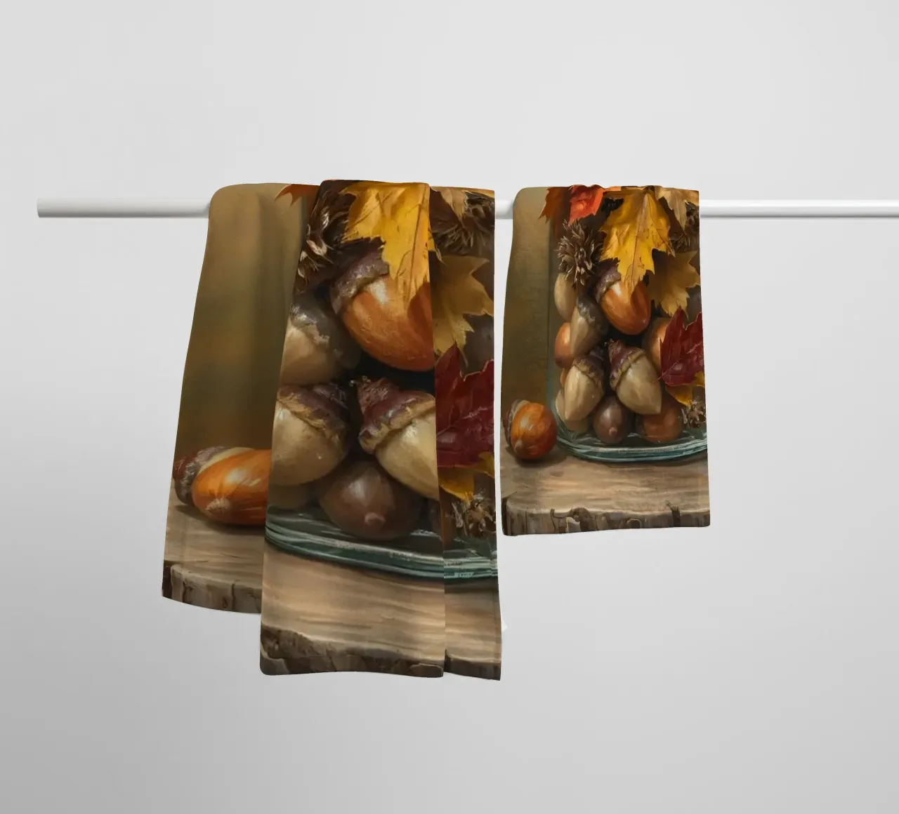 A curious squirrel gathers acorns and colorful autumn leaves towel by DesignDoodle
