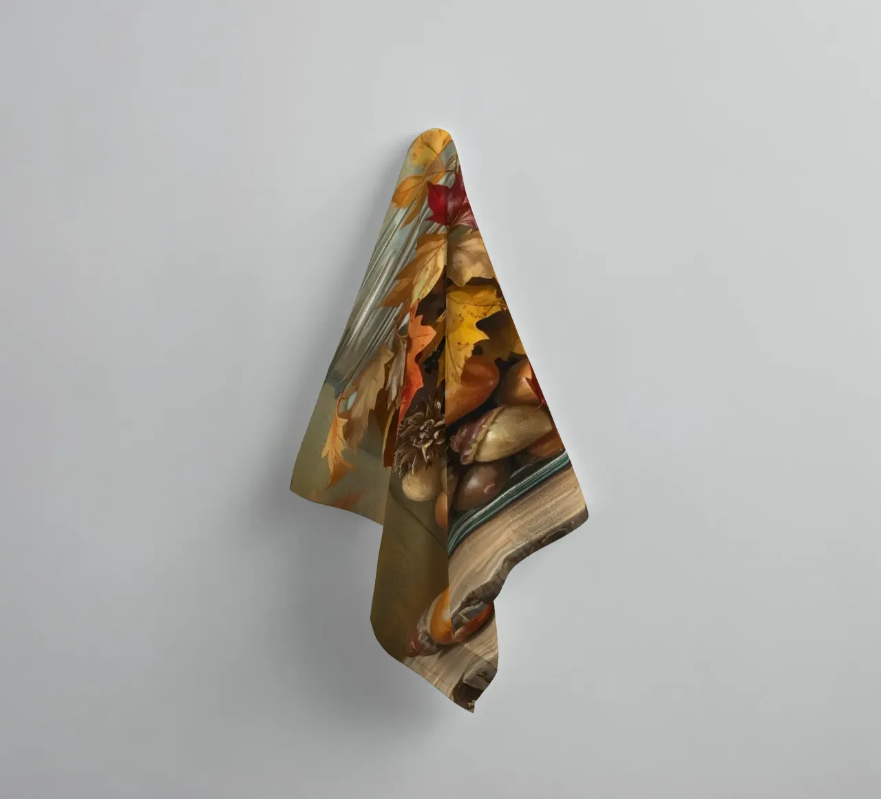 A curious squirrel gathers acorns and colorful autumn leaves towel by DesignDoodle
