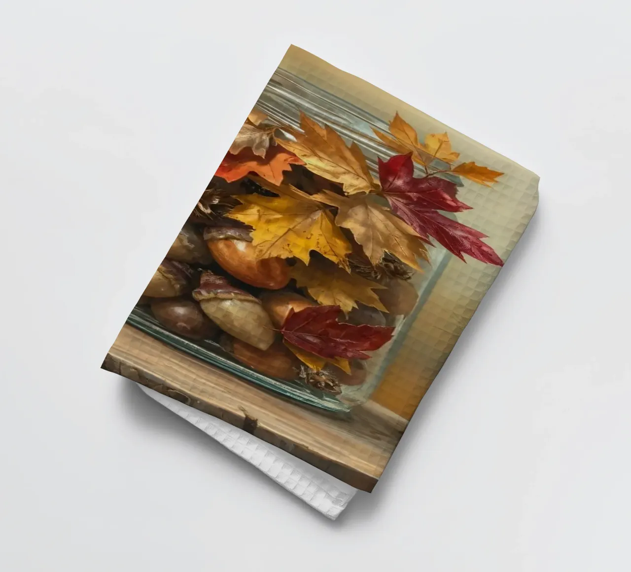 Un écureuil curieux ramasse des glands et des feuilles d'automne colorées. torchon de DesignDoodle