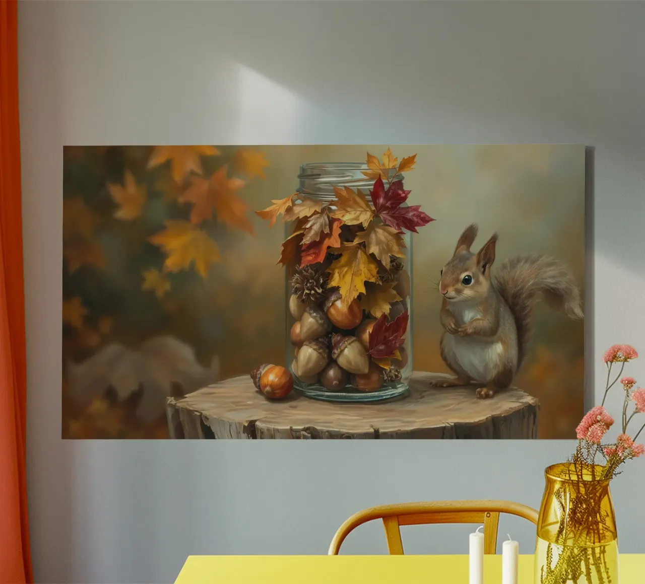 A curious squirrel gathers acorns and colorful autumn leaves canvas by DesignDoodle