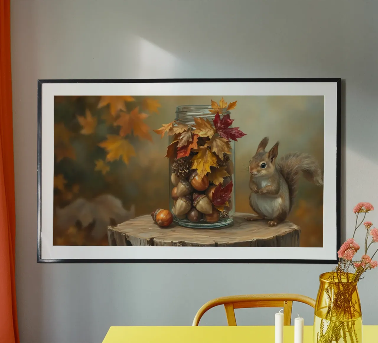Uno scoiattolo curioso raccoglie ghiande e foglie autunnali colorate poster con telaio in legno da DesignDoodle