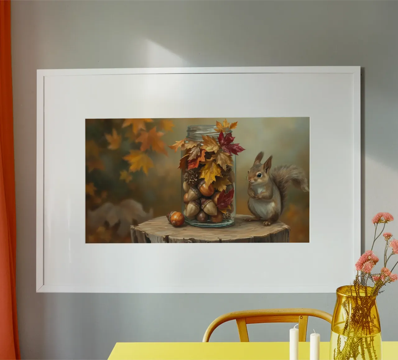 Uno scoiattolo curioso raccoglie ghiande e foglie autunnali colorate poster con telaio in legno da DesignDoodle