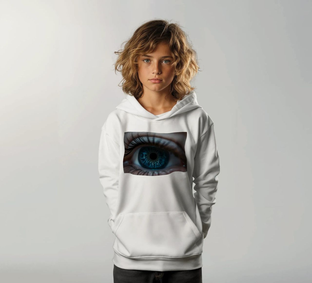 Vue rapprochée d'un œil bleu mettant en évidence des détails complexes sweat à capuche enfant de DesignDoodle