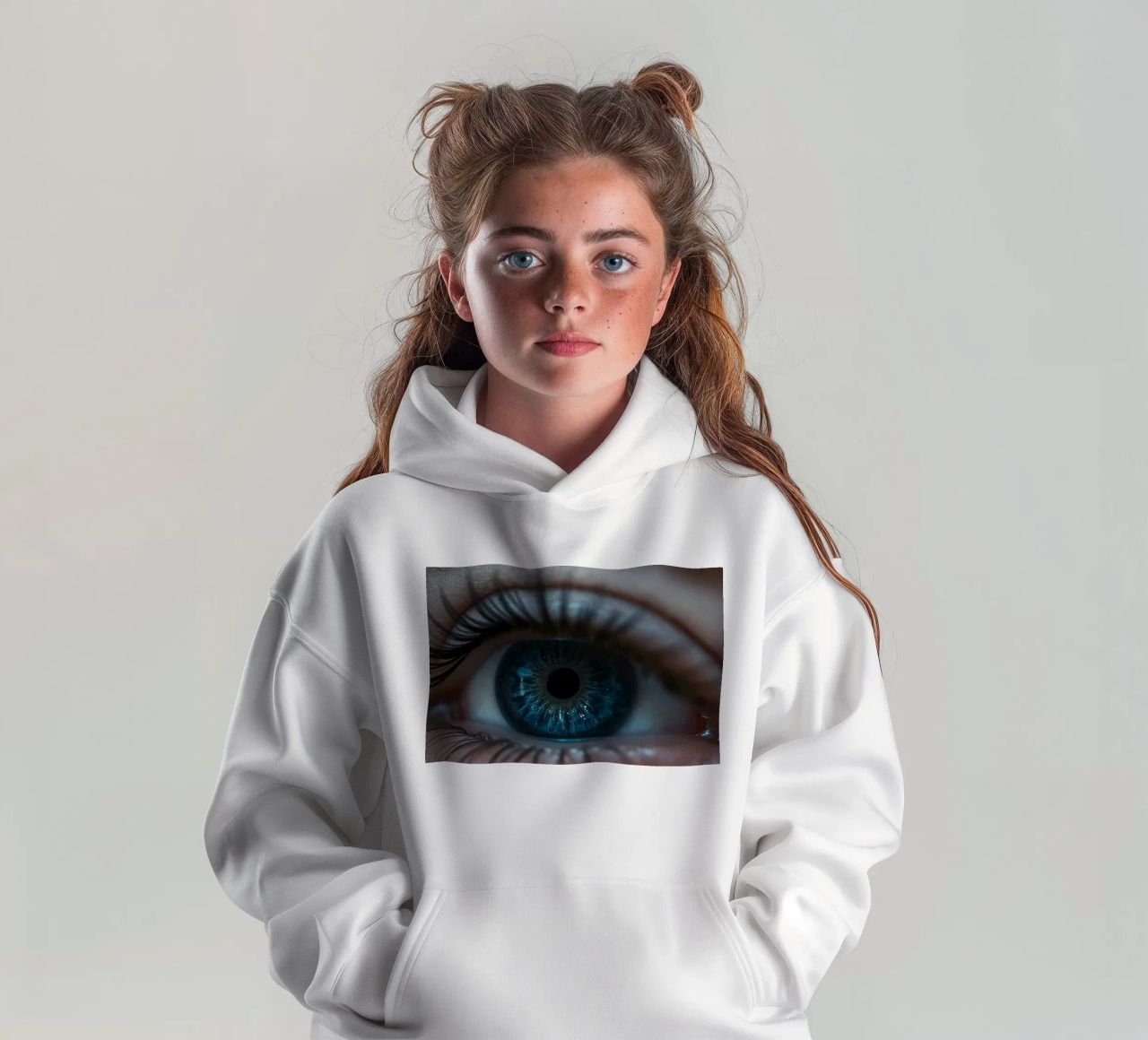 Vue rapprochée d'un œil bleu mettant en évidence des détails complexes sweat à capuche enfant de DesignDoodle