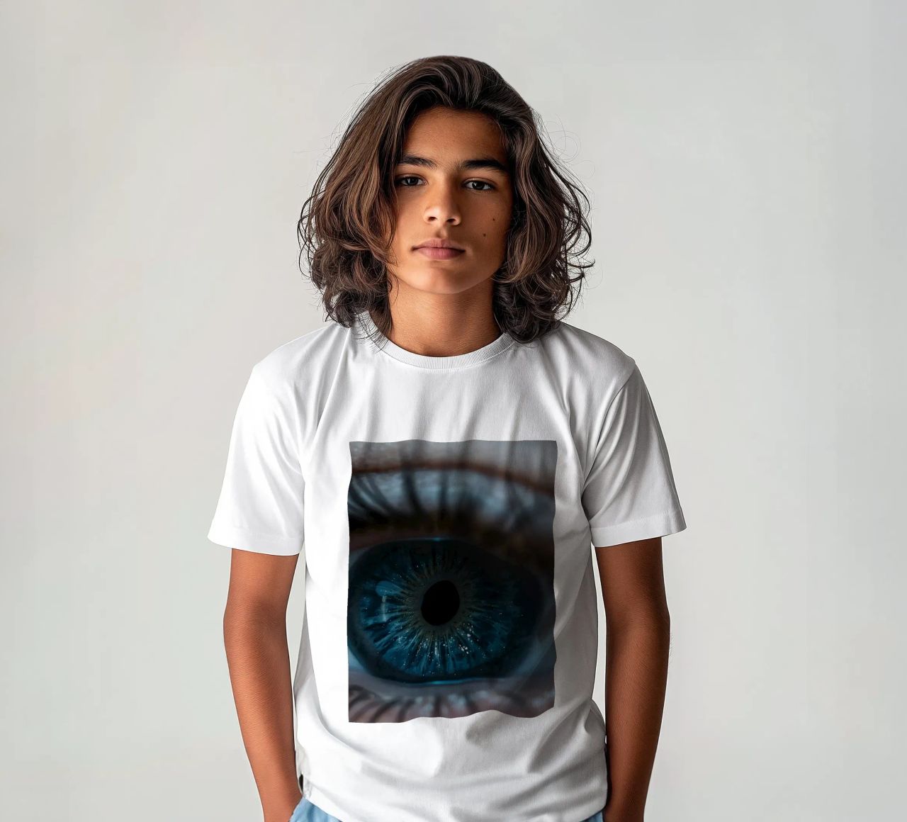 Vue rapprochée d'un œil bleu mettant en évidence des détails complexes t-shirt enfant de DesignDoodle
