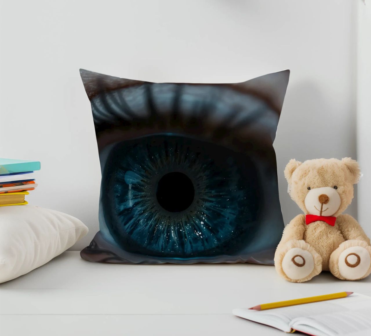 Vue rapprochée d'un œil bleu mettant en évidence des détails complexes coussin de DesignDoodle