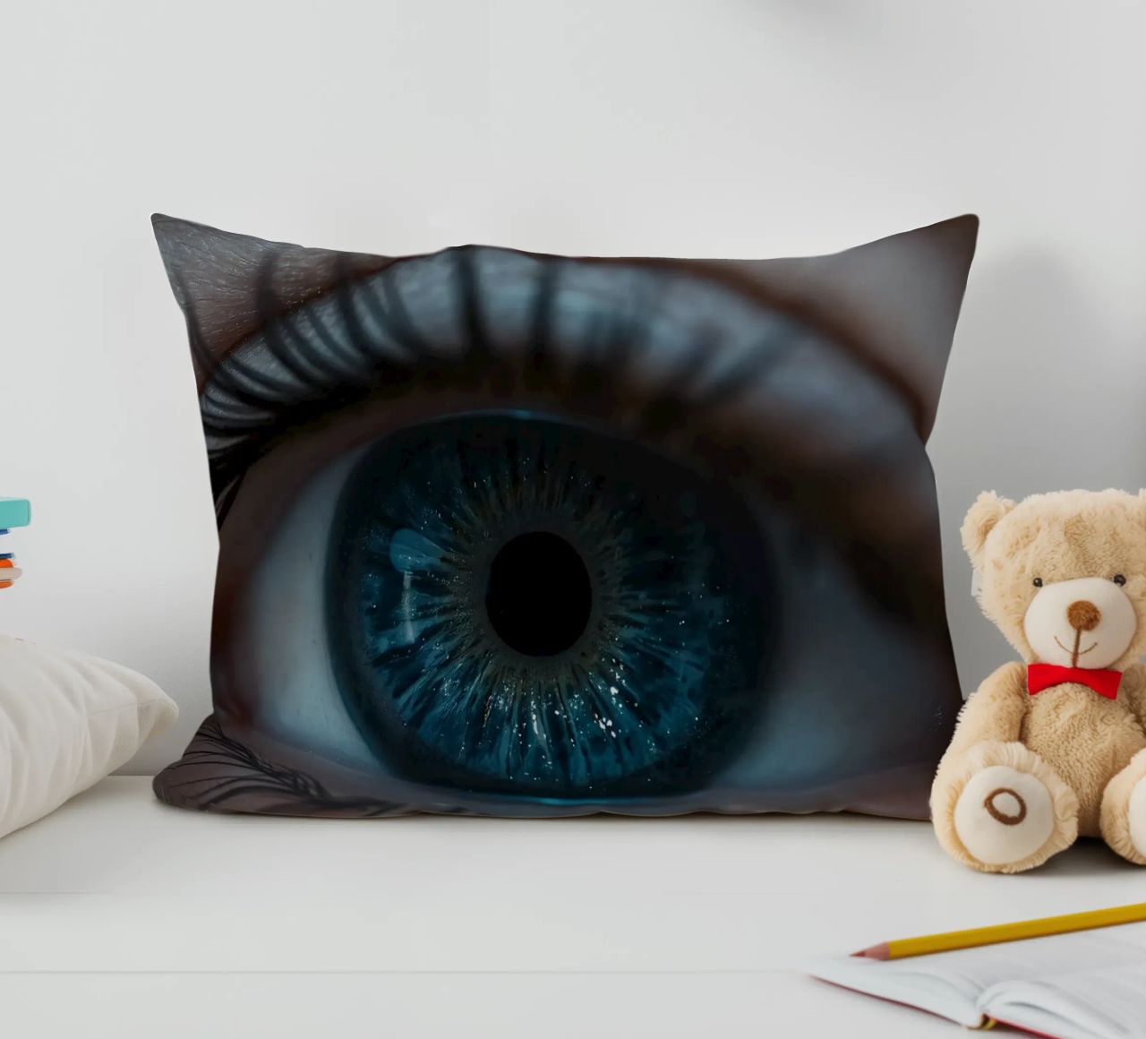 Vue rapprochée d'un œil bleu mettant en évidence des détails complexes coussin de DesignDoodle