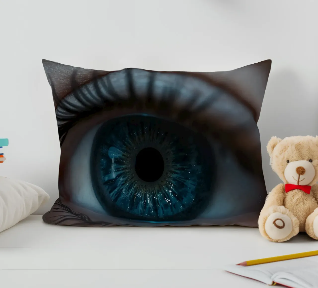 Vue rapprochée d'un œil bleu mettant en évidence des détails complexes coussin de DesignDoodle