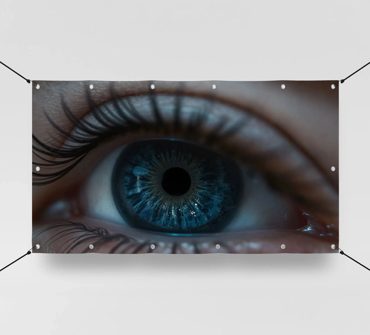 Vue rapprochée d'un œil bleu mettant en évidence des détails complexes bâche pvc de DesignDoodle