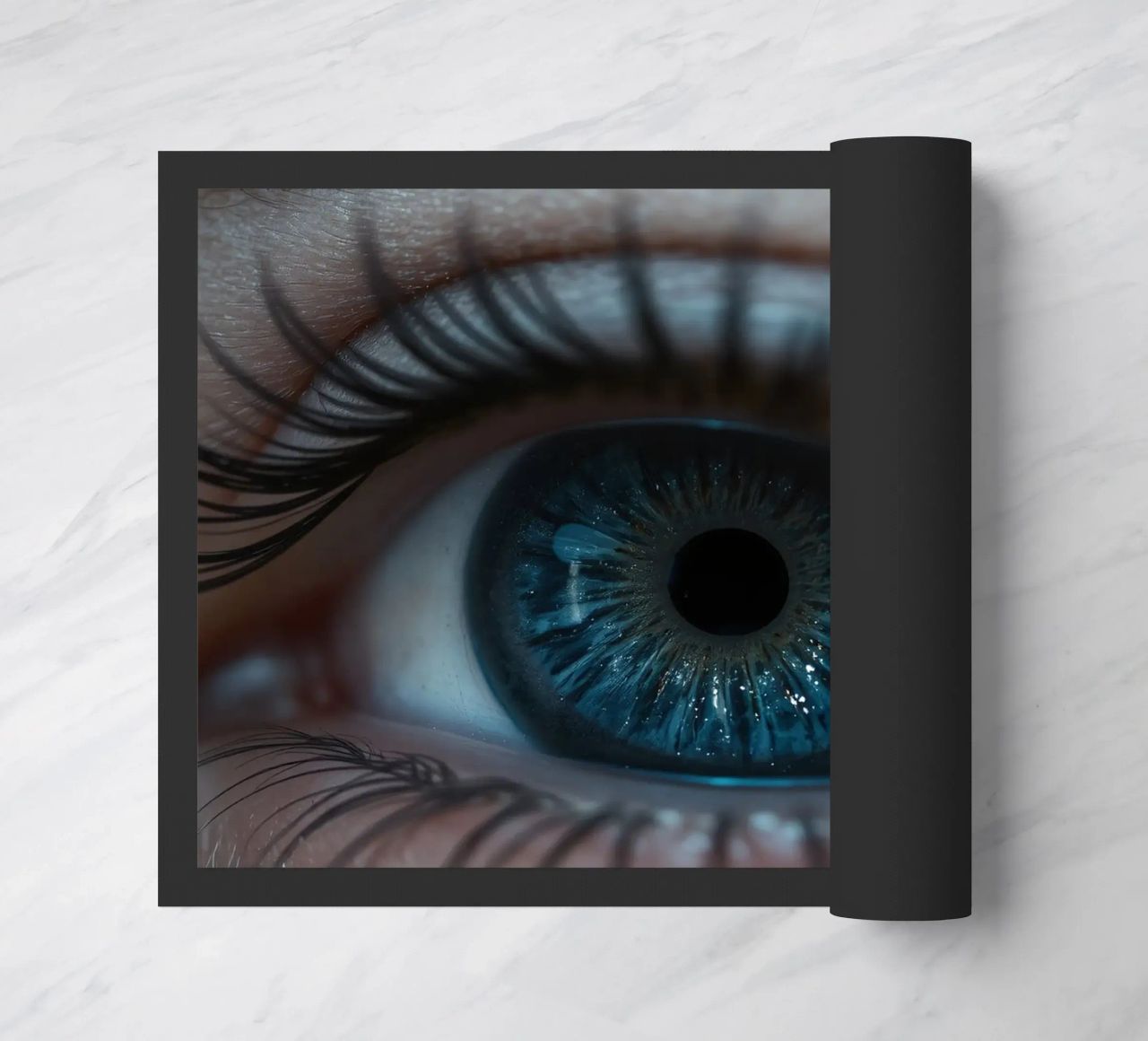 Vue rapprochée d'un œil bleu mettant en évidence des détails complexes paillasson de DesignDoodle