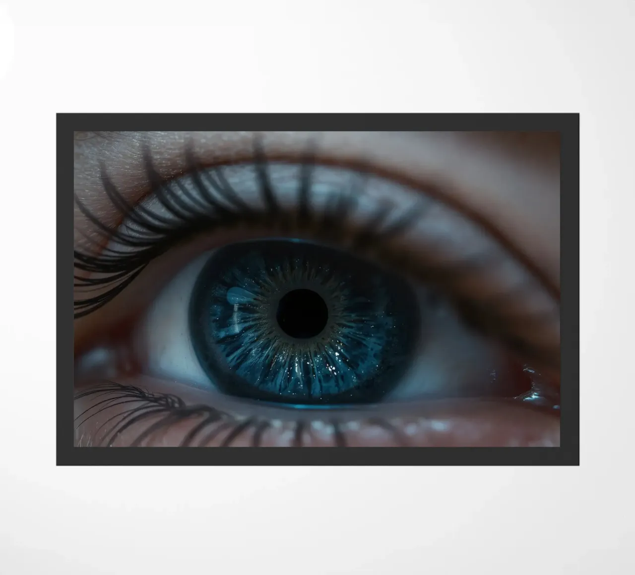 Vue rapprochée d'un œil bleu mettant en évidence des détails complexes paillasson de DesignDoodle