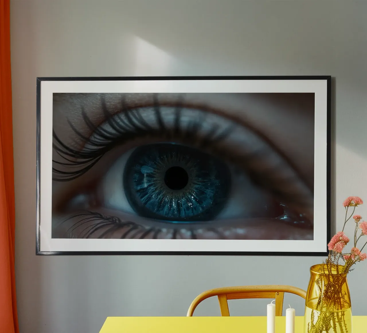 Vue rapprochée d'un œil bleu mettant en évidence des détails complexes poster de DesignDoodle