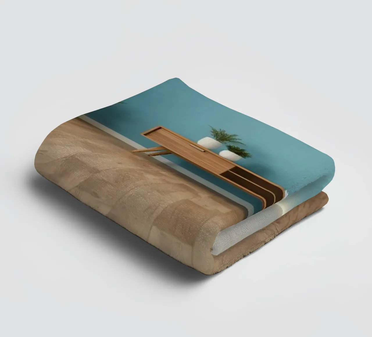 Modern living room with wooden floor, blue walls, and plants towel by DesignDoodle