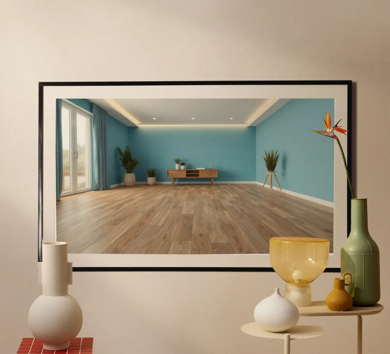 Modernes Wohnzimmer mit Holzboden, blauen Wänden und Pflanzen Hahnemühle von DesignDoodle