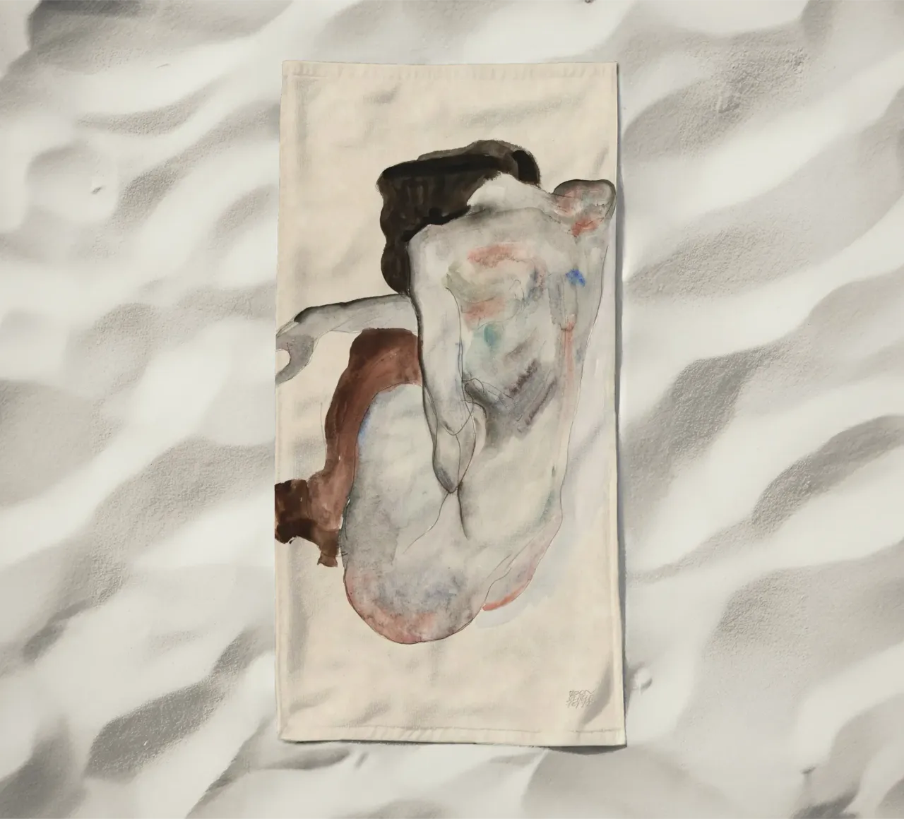 Egon Schiele - Nudo accovacciato con scarpe e calze nere telo mare da Wirla