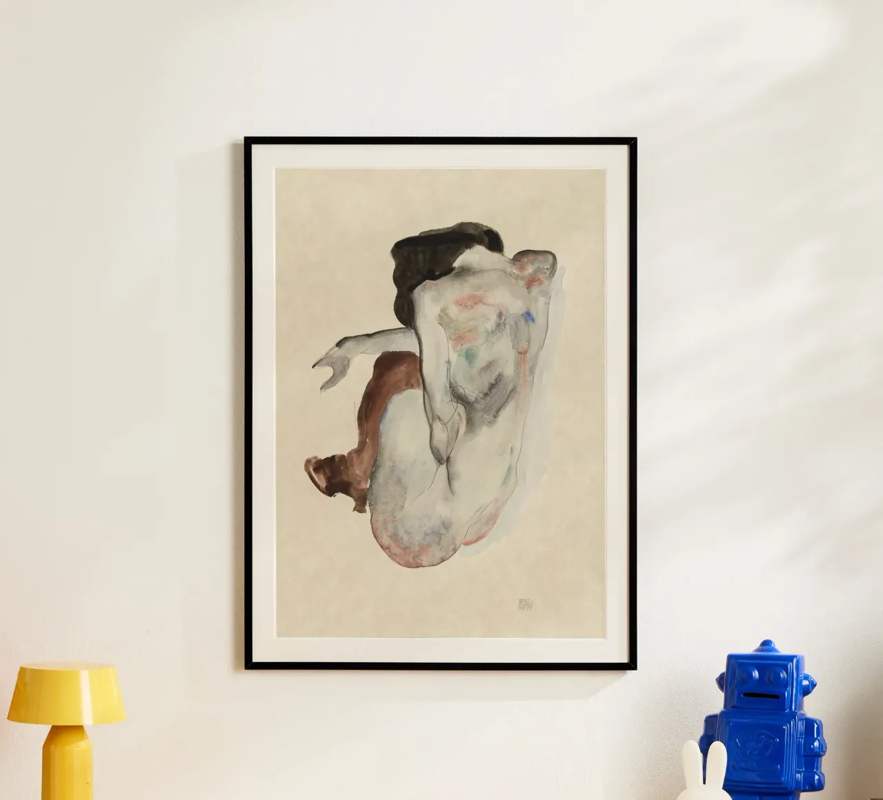 Egon Schiele - Nudo accovacciato con scarpe e calze nere carta hahnemühle da Wirla