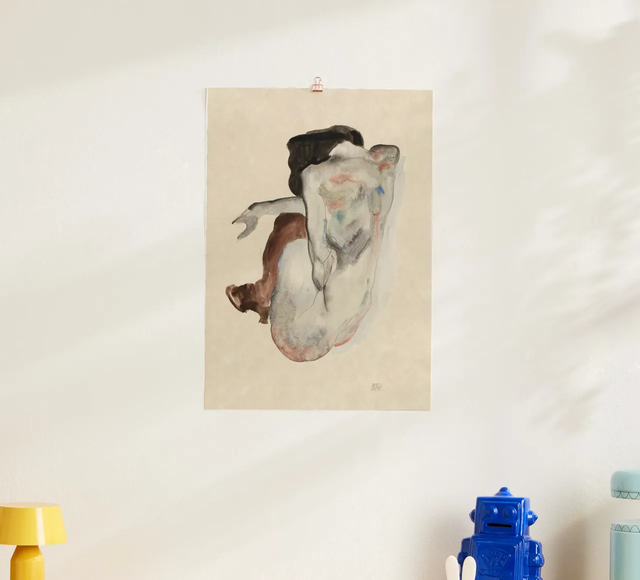 Egon Schiele - Nudo accovacciato con scarpe e calze nere carta hahnemühle da Wirla