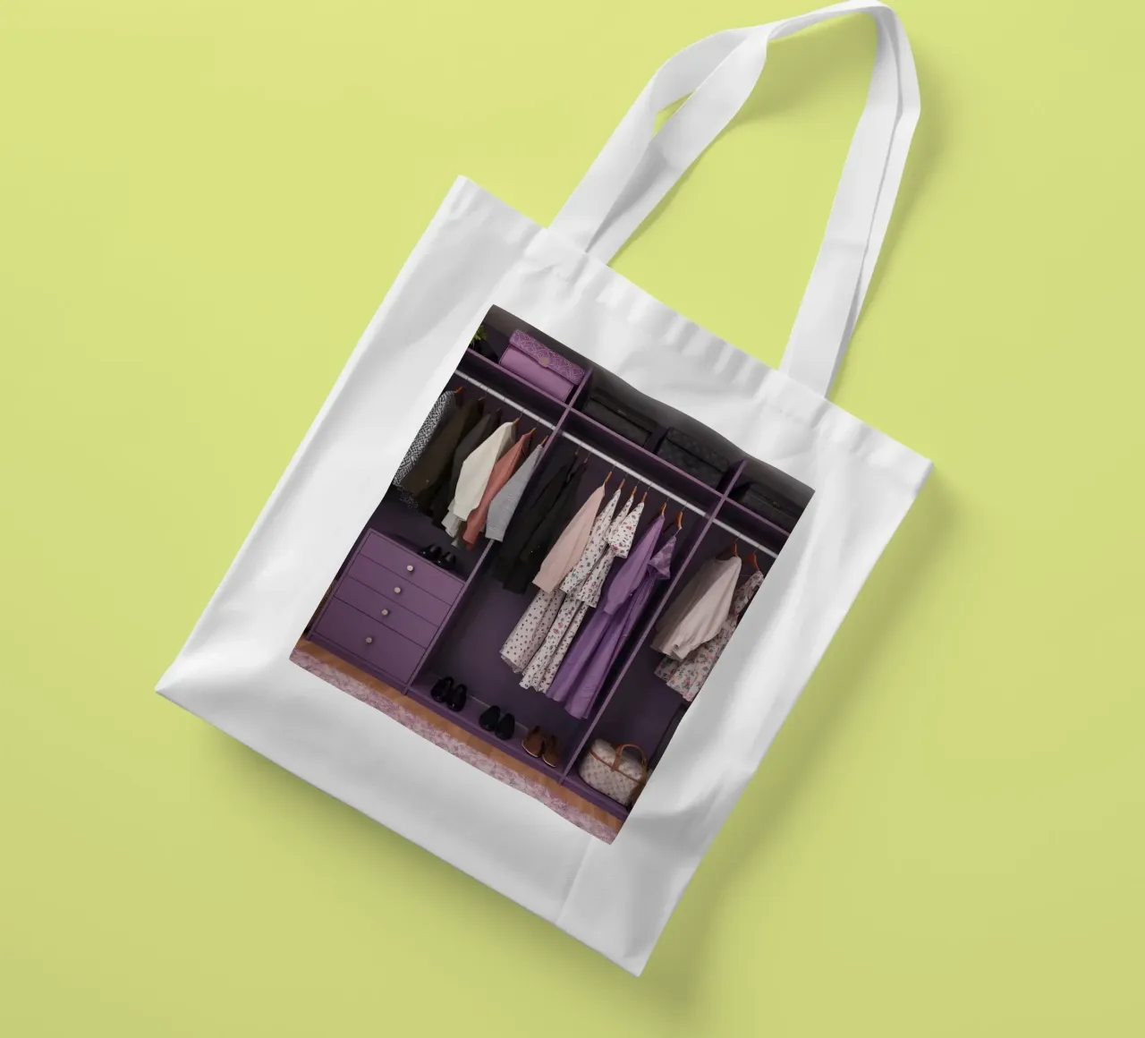 Organized closet with hanging clothes, storage bins tote bag by DesignDoodle