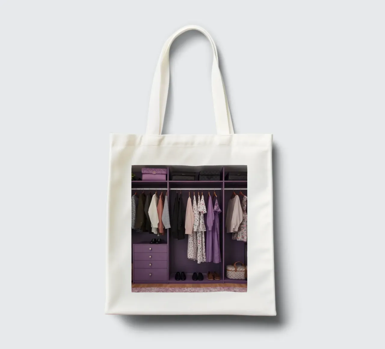 Organized closet with hanging clothes, storage bins tote bag by DesignDoodle