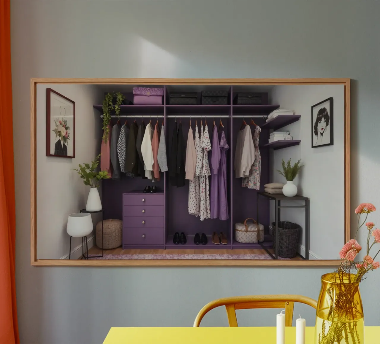 Armario organizado con ropa colgada, cubos de almacenaje aluminio dibond de DesignDoodle