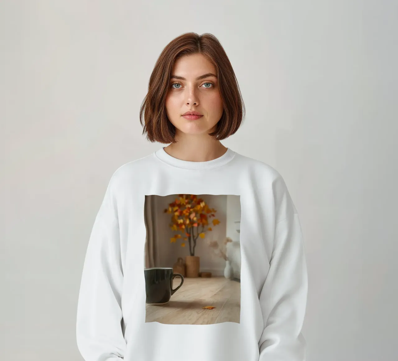 Un salon d'automne douillet avec une cheminée chaleureuse et du confort sweat de DesignDoodle
