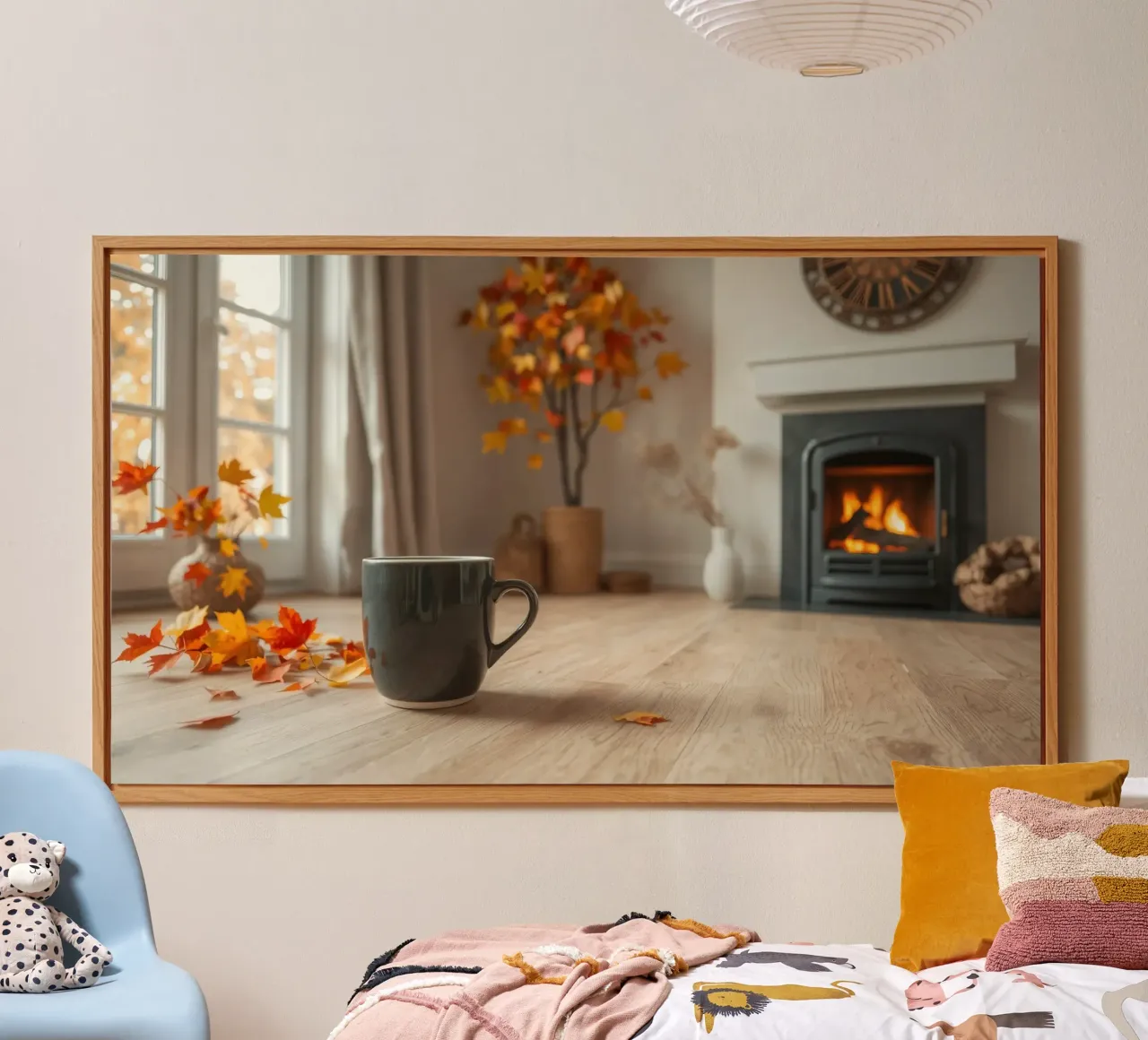 Ein gemütliches Herbstwohnzimmer mit warmem Kamin und Komfort Forex-Platte von DesignDoodle
