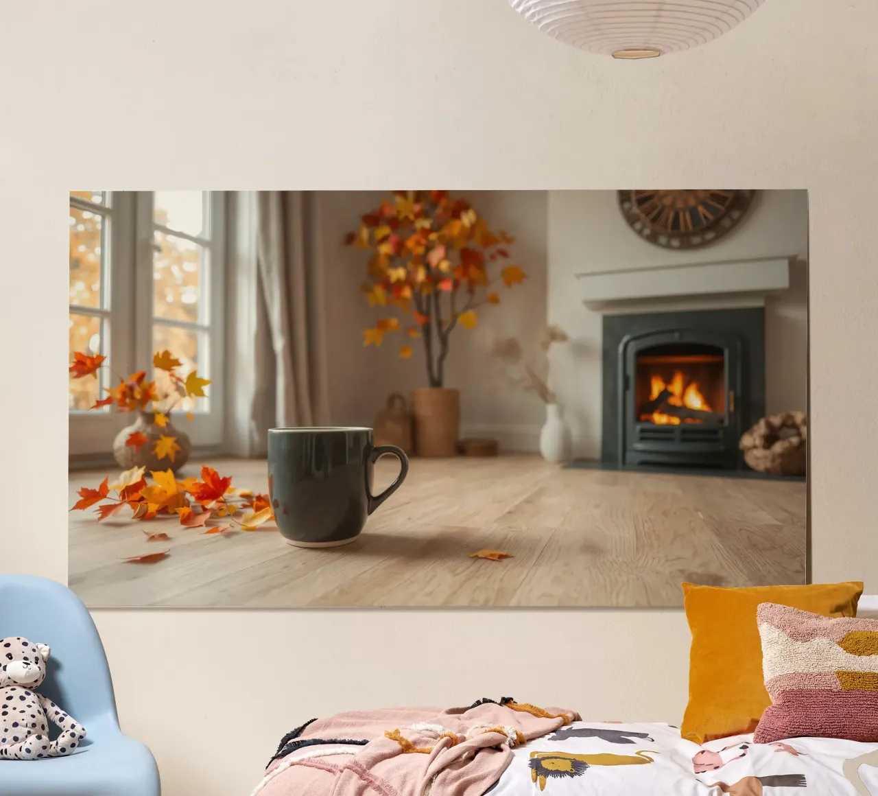 Un salon d'automne douillet avec une cheminée chaleureuse et du confort hahnemühle de DesignDoodle