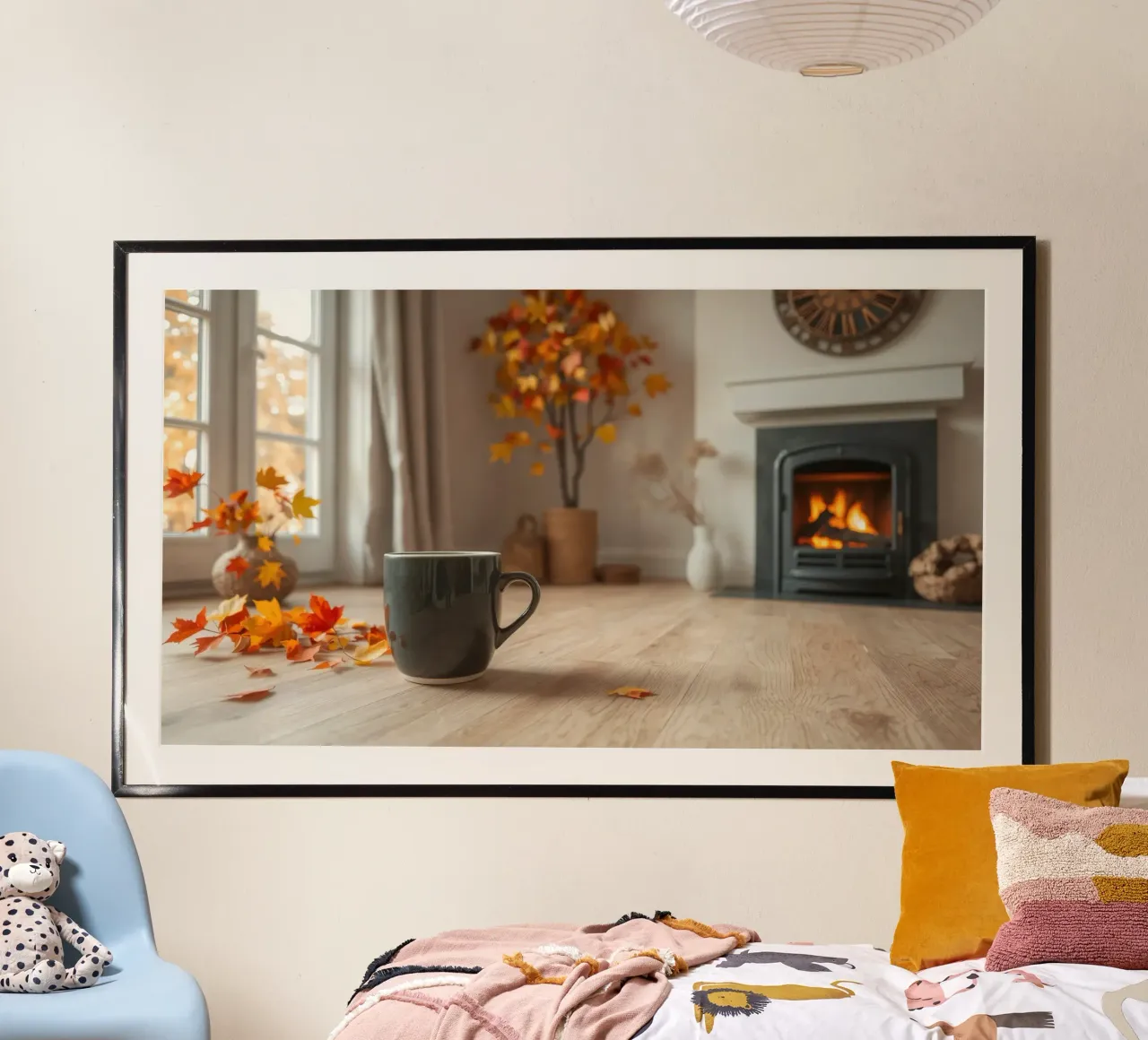 Un salon d'automne douillet avec une cheminée chaleureuse et du confort hahnemühle de DesignDoodle