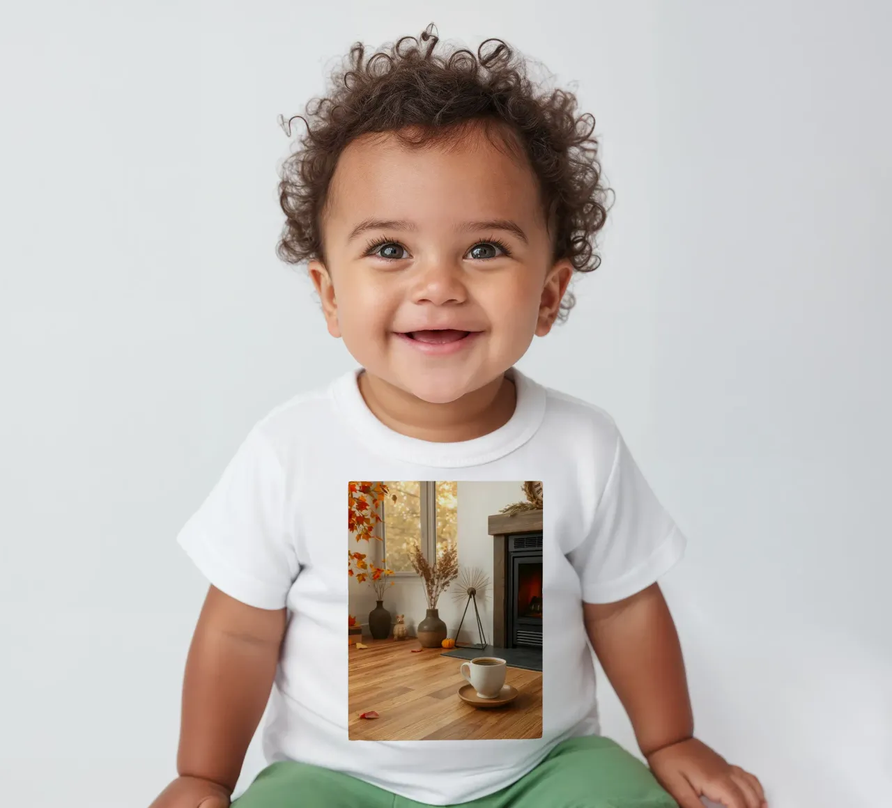 Salon d'automne confortable avec une cheminée, un feu chaleureux et un c t-shirt pour bébé de DesignDoodle