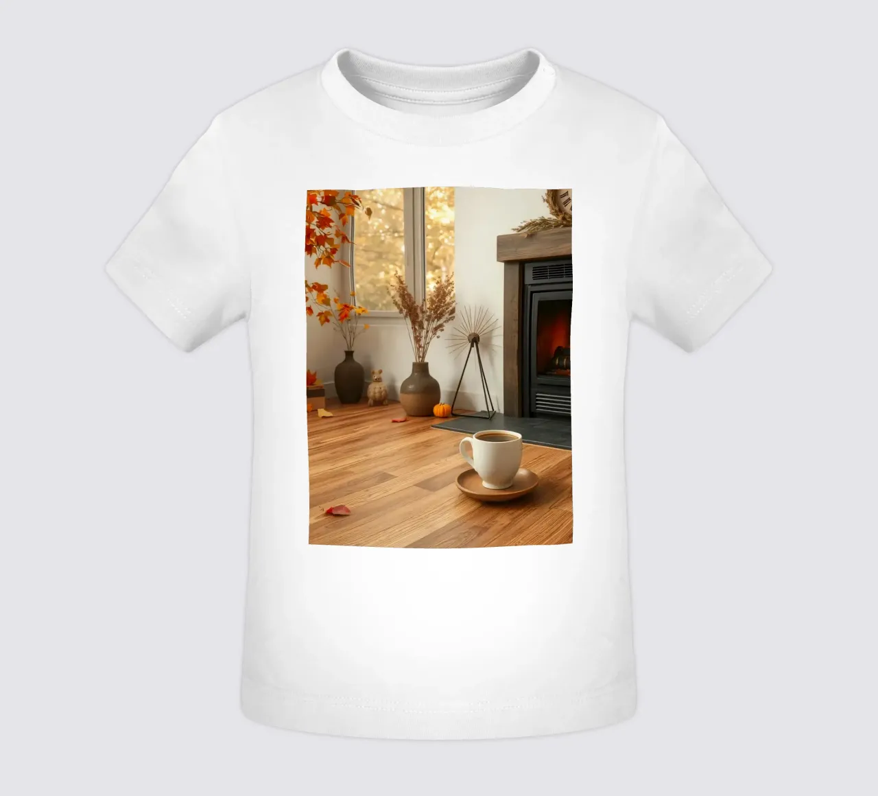 Salon d'automne confortable avec une cheminée, un feu chaleureux et un c t-shirt pour bébé de DesignDoodle