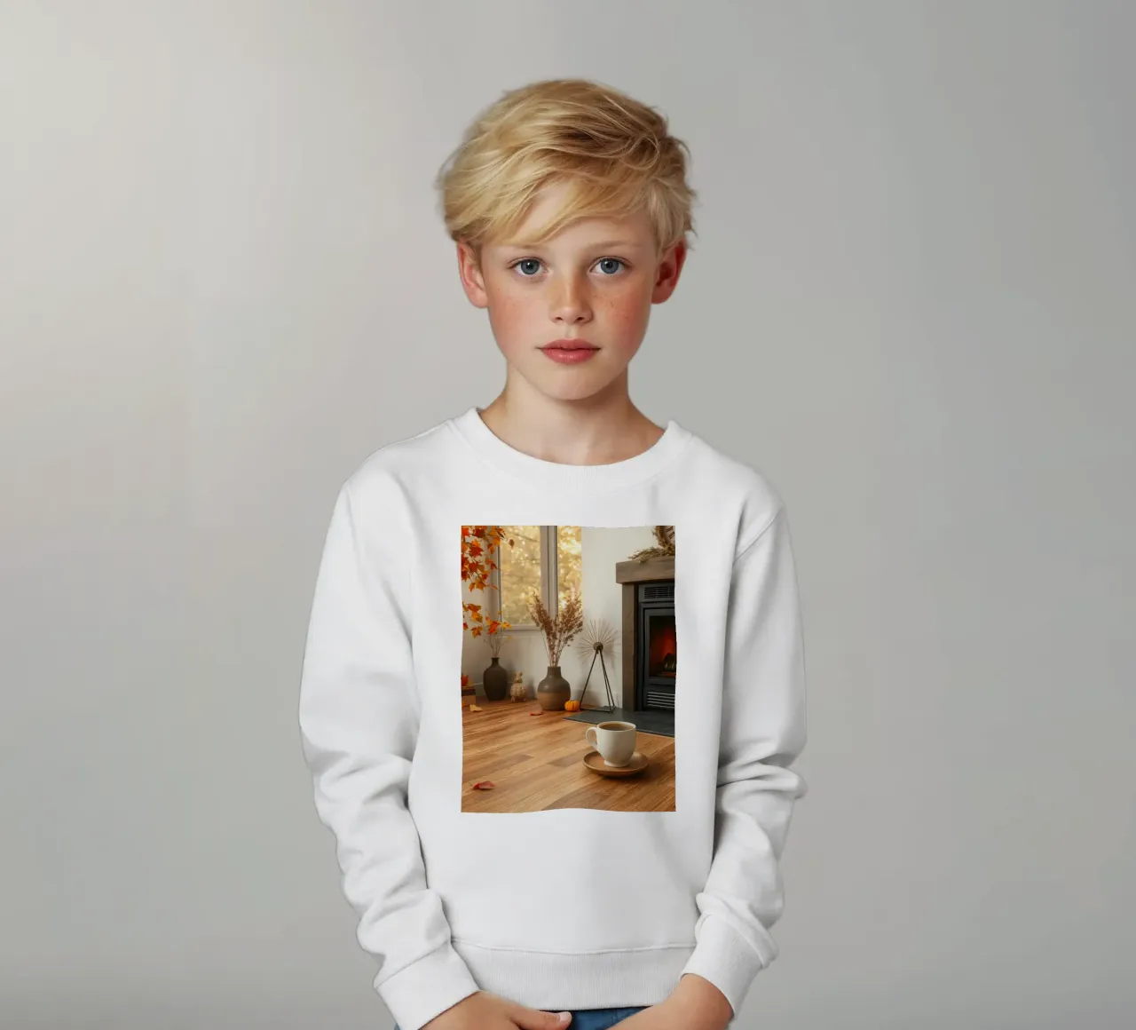 Salon d'automne confortable avec une cheminée, un feu chaleureux et un c sweat enfant de DesignDoodle