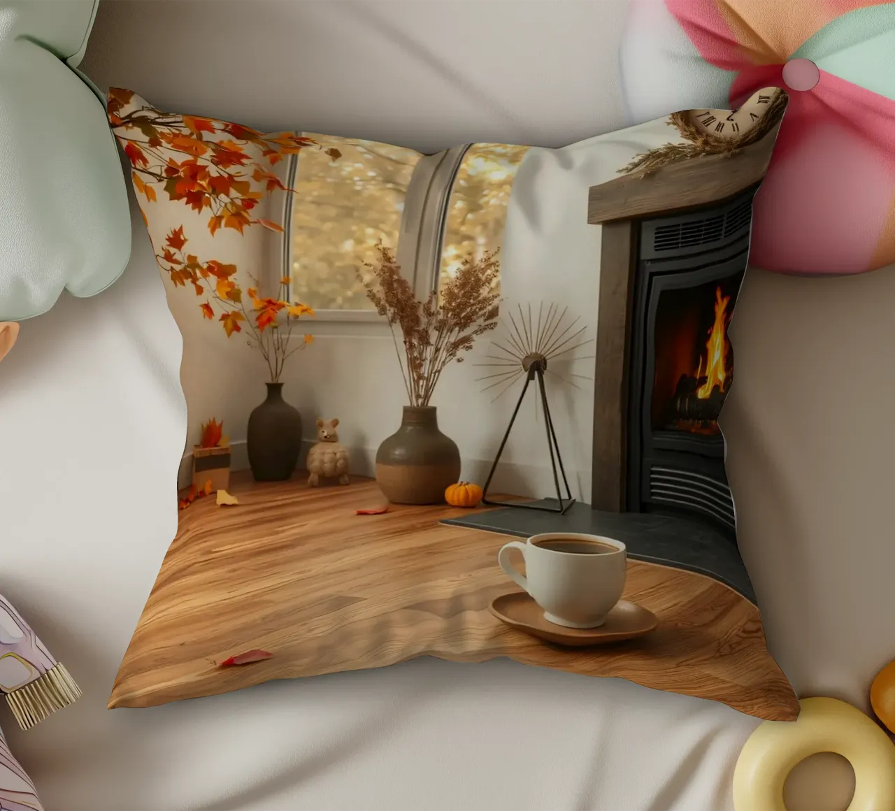 Salon d'automne confortable avec une cheminée, un feu chaleureux et un c coussin de DesignDoodle