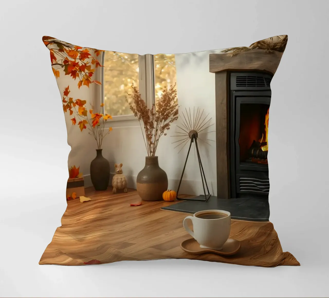 Salon d'automne confortable avec une cheminée, un feu chaleureux et un c coussin de DesignDoodle