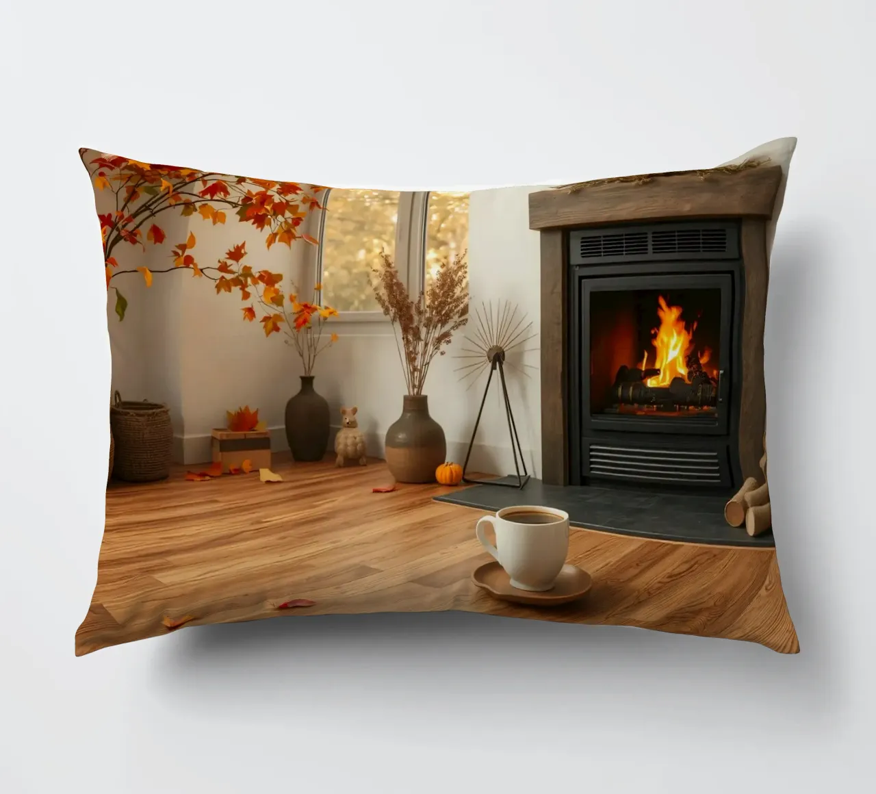 Salon d'automne confortable avec une cheminée, un feu chaleureux et un c coussin de DesignDoodle