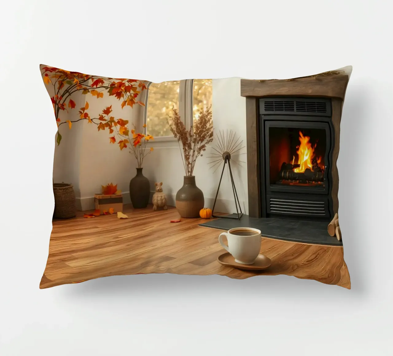 Salon d'automne confortable avec une cheminée, un feu chaleureux et un c coussin de DesignDoodle