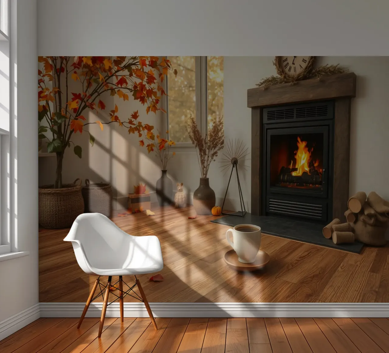 Salon d'automne confortable avec une cheminée, un feu chaleureux et un c papier peint photo de DesignDoodle