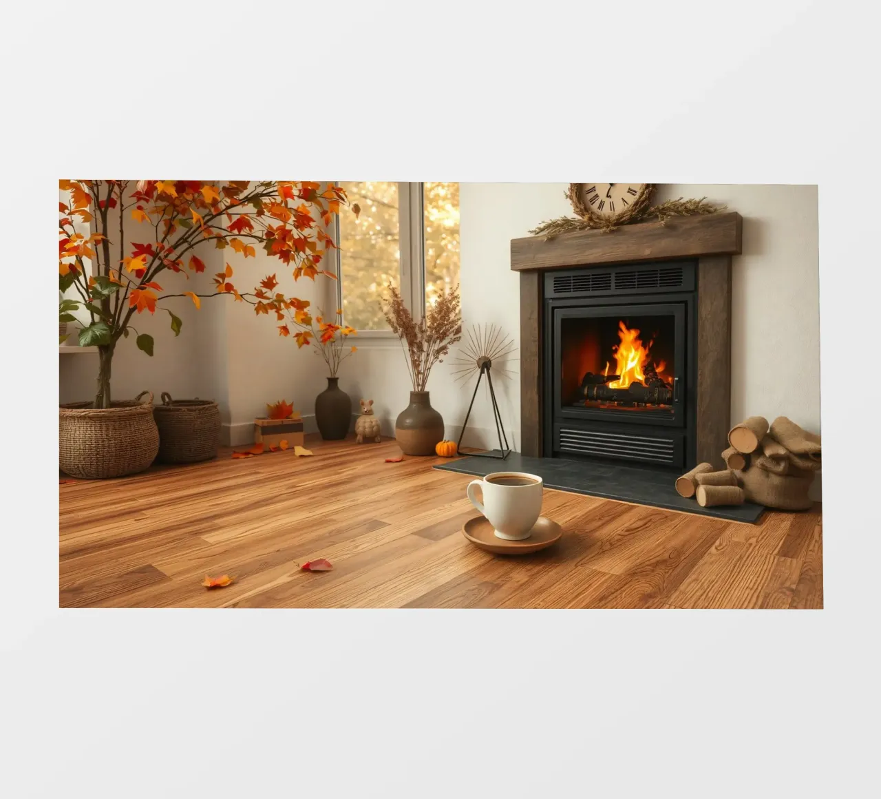 Salon d'automne confortable avec une cheminée, un feu chaleureux et un c papier peint photo de DesignDoodle