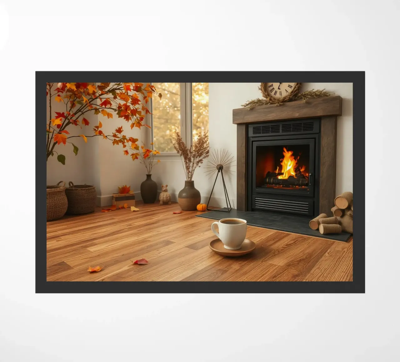 Salon d'automne confortable avec une cheminée, un feu chaleureux et un c paillasson de DesignDoodle